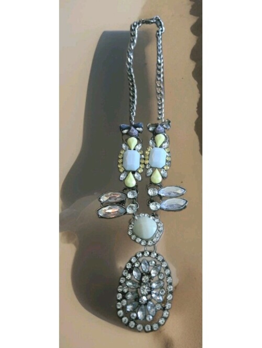Vintage - 18" Statement Necklace, Clear Rhinestones Pendant, Blue & Green Beads